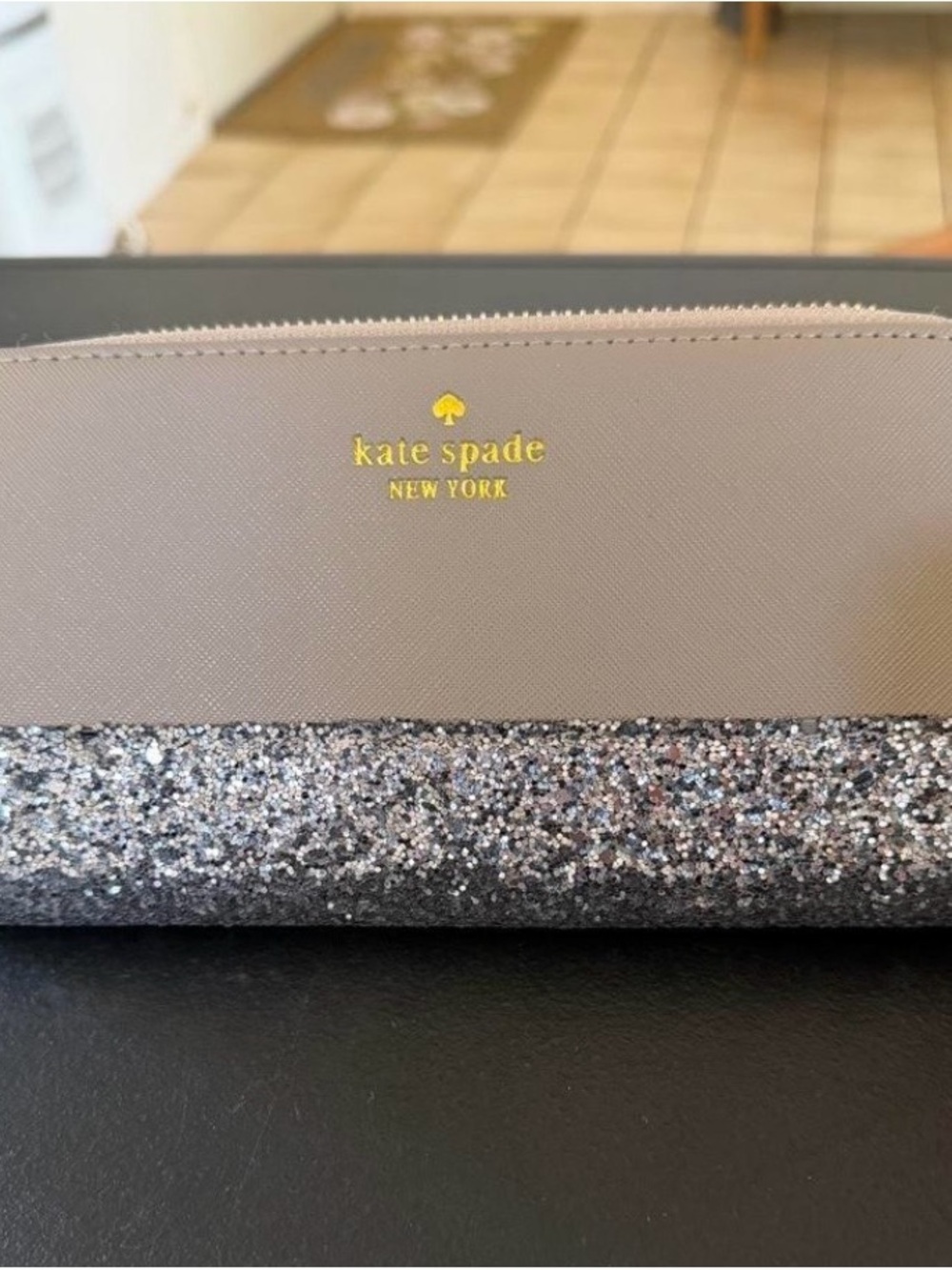 kate spade Taupe Cosmetic Pouch with Silver Glitter Trim